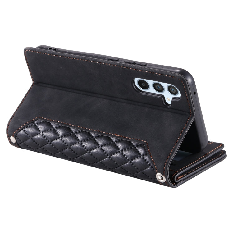 For Samsung Galaxy S25+ 5G Grid Texture Zipper Leather Phone Case with Lanyard