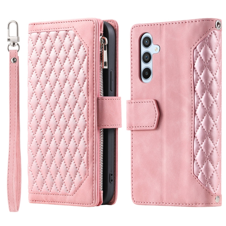 For Samsung Galaxy S25+ 5G Grid Texture Zipper Leather Phone Case with Lanyard