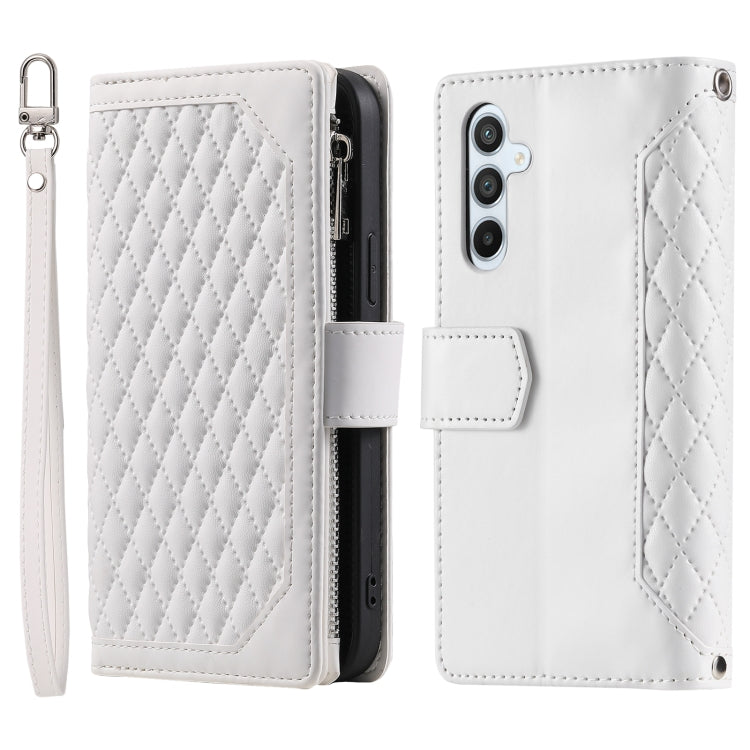 For Samsung Galaxy S25+ 5G Grid Texture Zipper Leather Phone Case with Lanyard