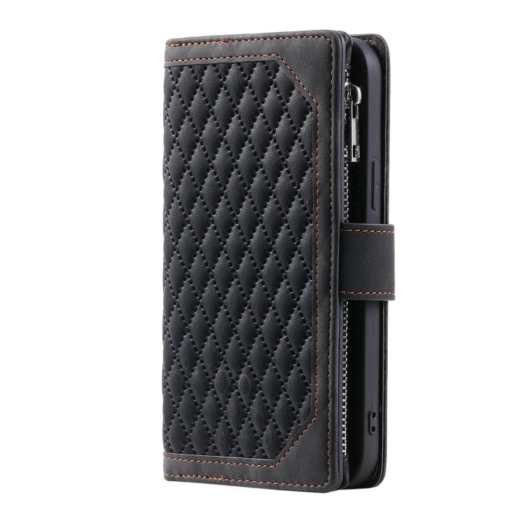 For Samsung Galaxy S25 FE 5G Grid Texture Zipper Leather Phone Case with Lanyard