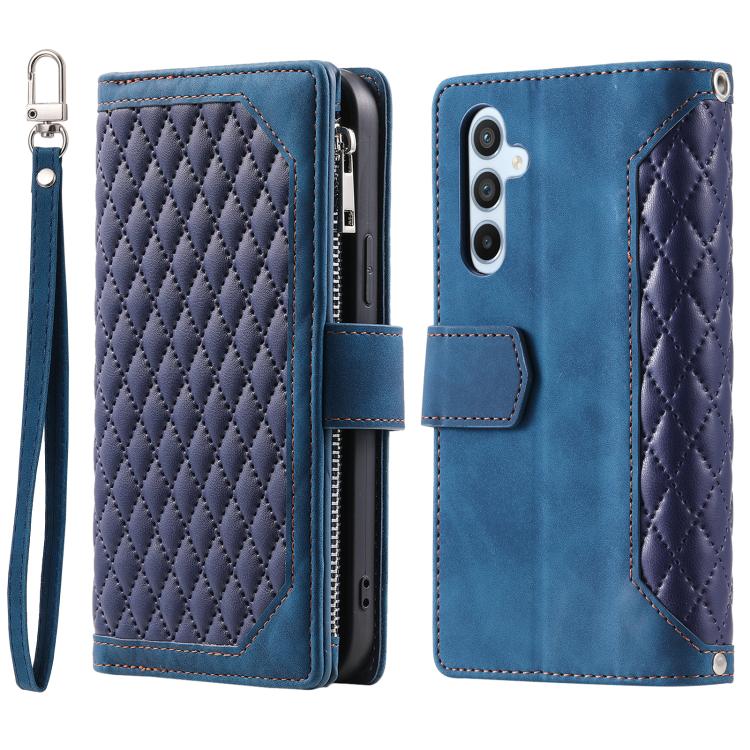 For Samsung Galaxy S26 5G Grid Texture Zipper Leather Phone Case with Lanyard