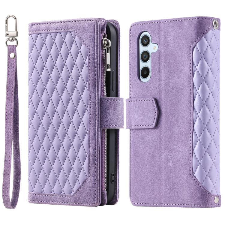 For Samsung Galaxy S26 5G Grid Texture Zipper Leather Phone Case with Lanyard