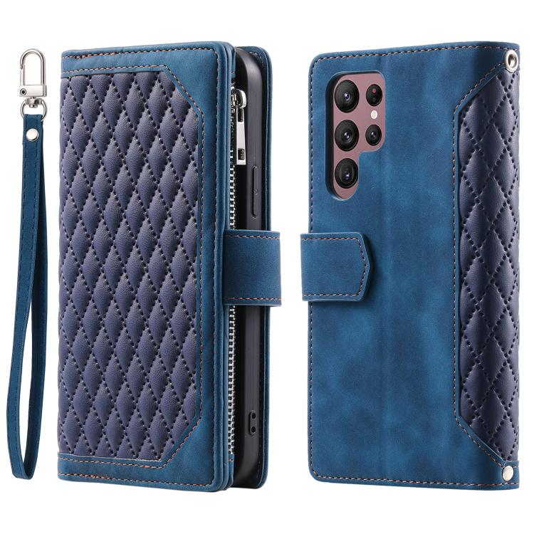 For Samsung Galaxy S26 Ultra 5G Grid Texture Zipper Leather Phone Case with Lanyard