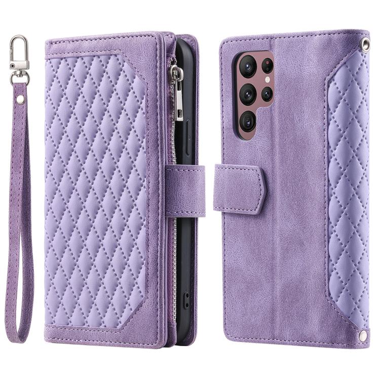 For Samsung Galaxy S26 Ultra 5G Grid Texture Zipper Leather Phone Case with Lanyard