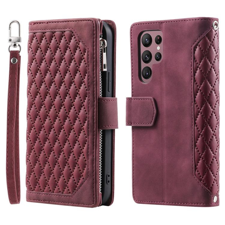 For Samsung Galaxy S26 Ultra 5G Grid Texture Zipper Leather Phone Case with Lanyard