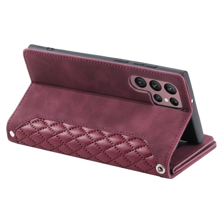 For Samsung Galaxy S26 Ultra 5G Grid Texture Zipper Leather Phone Case with Lanyard