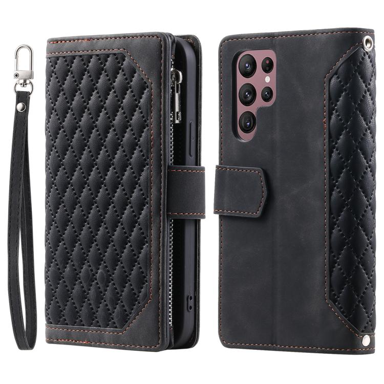 For Samsung Galaxy S26 Ultra 5G Grid Texture Zipper Leather Phone Case with Lanyard