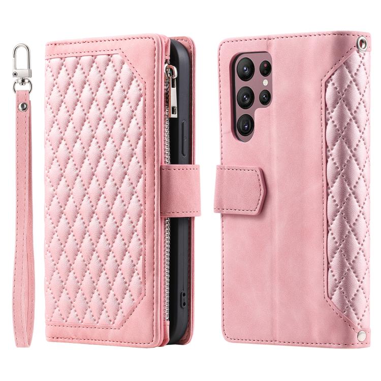 For Samsung Galaxy S26 Ultra 5G Grid Texture Zipper Leather Phone Case with Lanyard