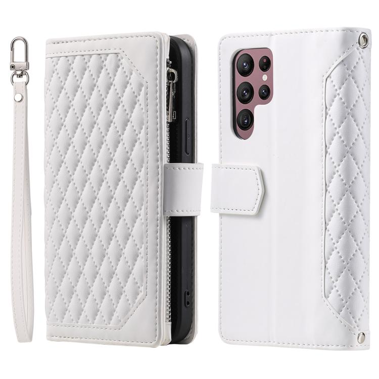 For Samsung Galaxy S26 Ultra 5G Grid Texture Zipper Leather Phone Case with Lanyard