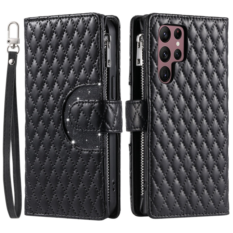 For Samsung Galaxy S25 Ultra 5G Glitter Lattice Zipper Wallet Leather Phone Case