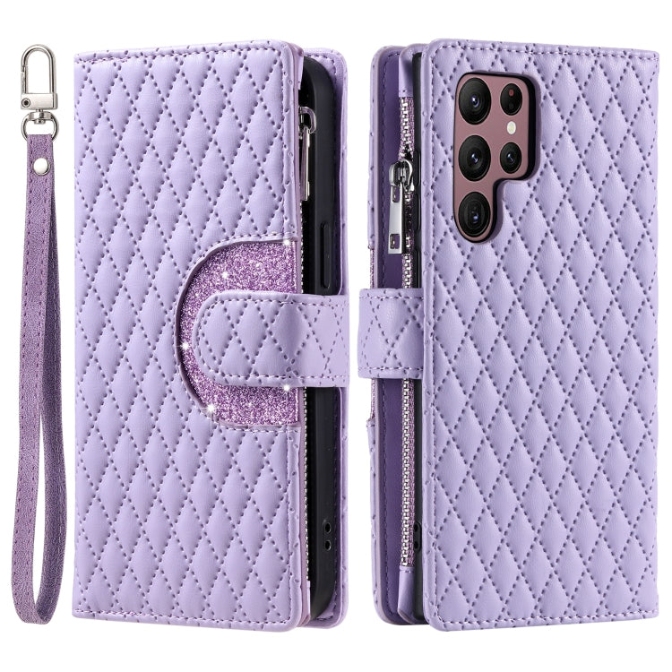 For Samsung Galaxy S25 Ultra 5G Glitter Lattice Zipper Wallet Leather Phone Case