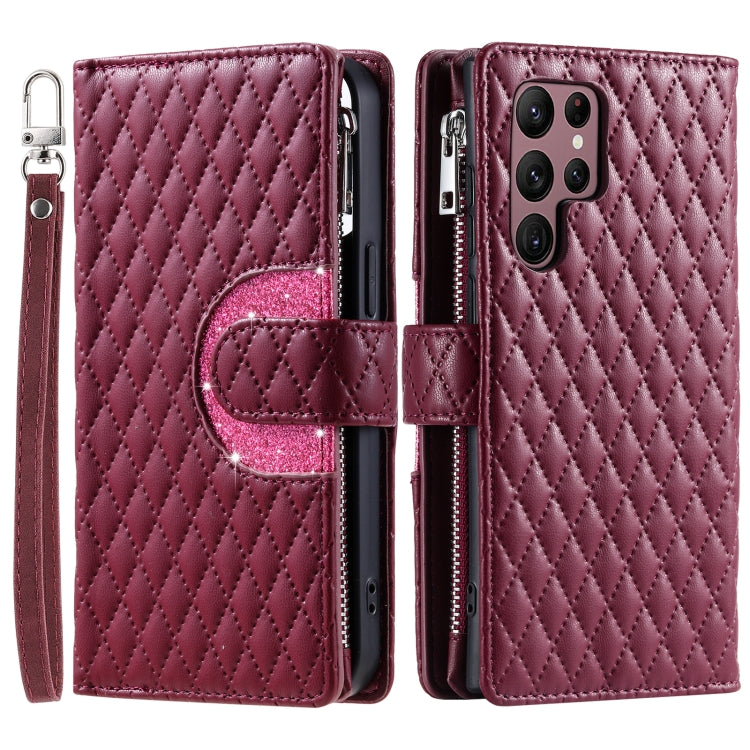 For Samsung Galaxy S25 Ultra 5G Glitter Lattice Zipper Wallet Leather Phone Case