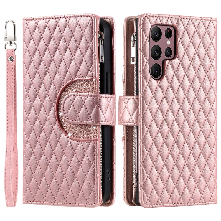 For Samsung Galaxy S25 Ultra 5G Glitter Lattice Zipper Wallet Leather Phone Case