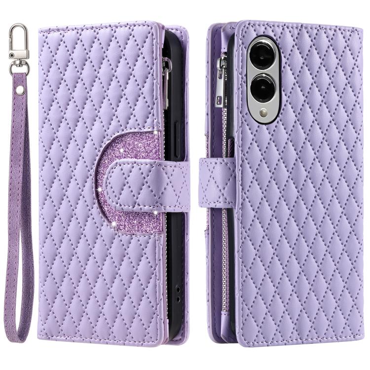 For Samsung Galaxy S25 Edge 5G Glitter Lattice Zipper Wallet Leather Phone Case