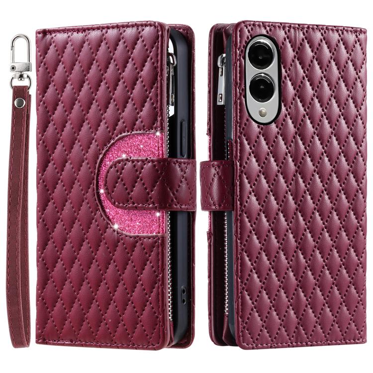 For Samsung Galaxy S25 Edge 5G Glitter Lattice Zipper Wallet Leather Phone Case