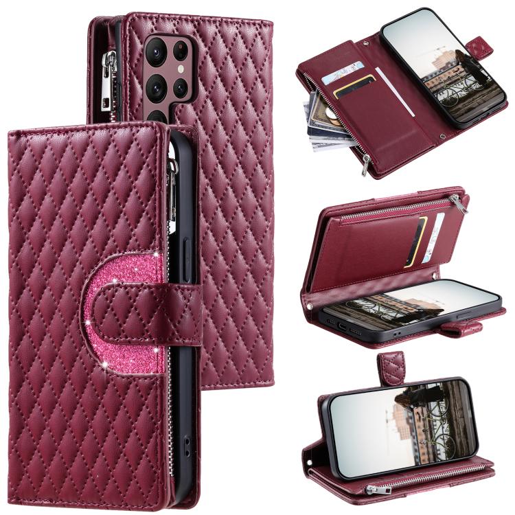 For Samsung Galaxy S26 Ultra 5G Glitter Lattice Zipper Wallet Leather Phone Case