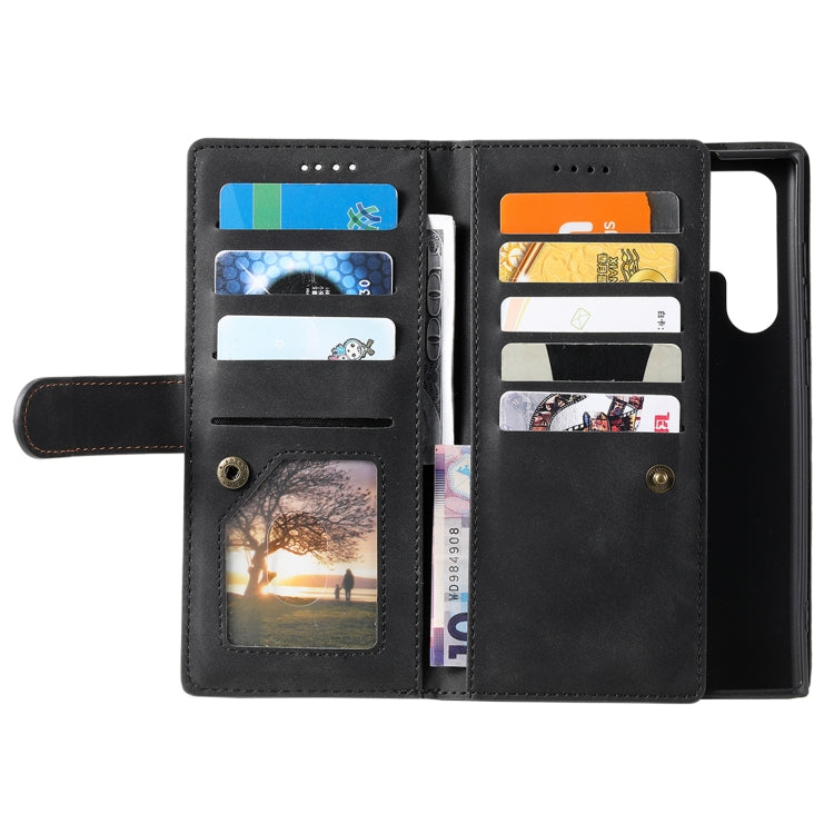 For Samsung Galaxy S25 Ultra 5G Nine Card Zipper Bag Leather Phone Case with Lanyard