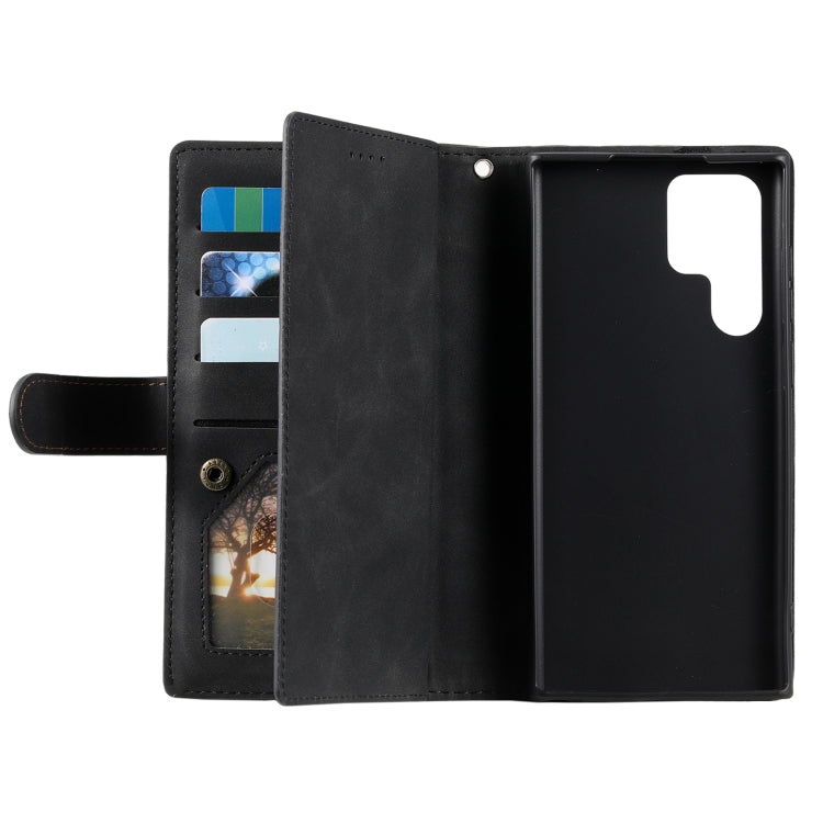 For Samsung Galaxy S25 Ultra 5G Nine Card Zipper Bag Leather Phone Case with Lanyard