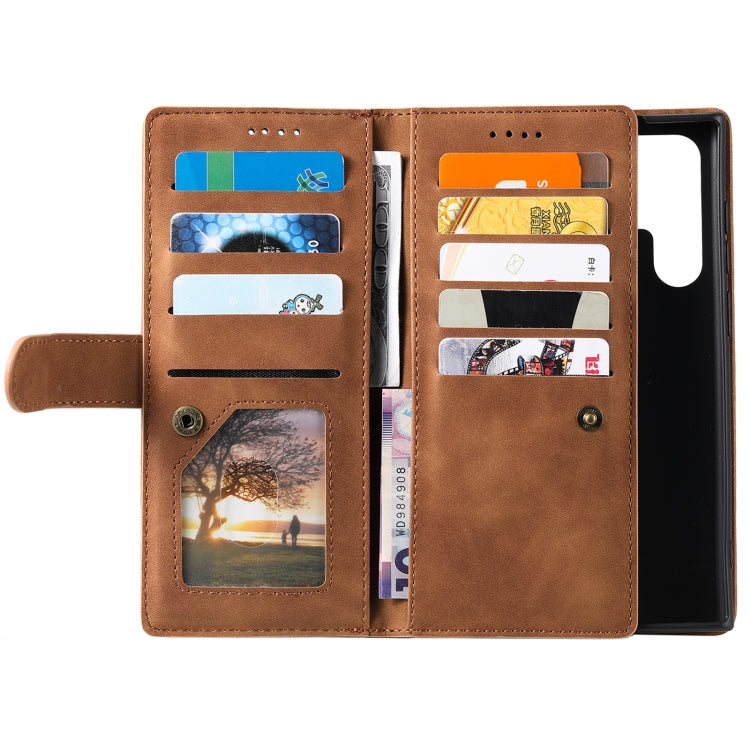 For Samsung Galaxy S25 Ultra 5G Nine Card Zipper Bag Leather Phone Case with Lanyard