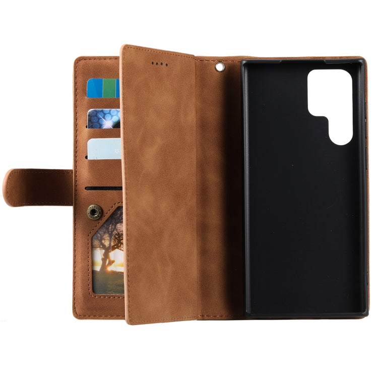 For Samsung Galaxy S25 Ultra 5G Nine Card Zipper Bag Leather Phone Case with Lanyard