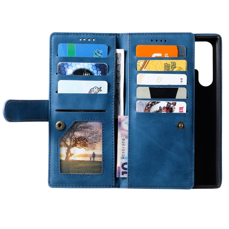 For Samsung Galaxy S25 Ultra 5G Nine Card Zipper Bag Leather Phone Case with Lanyard