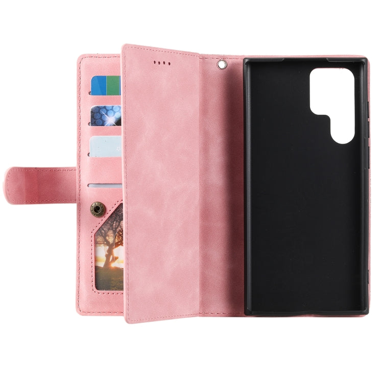 For Samsung Galaxy S25 Ultra 5G Nine Card Zipper Bag Leather Phone Case with Lanyard