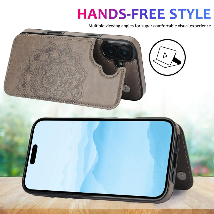 For iPhone 16 Double Buckle Mandala Leather Wallet Back Cover Phone Case