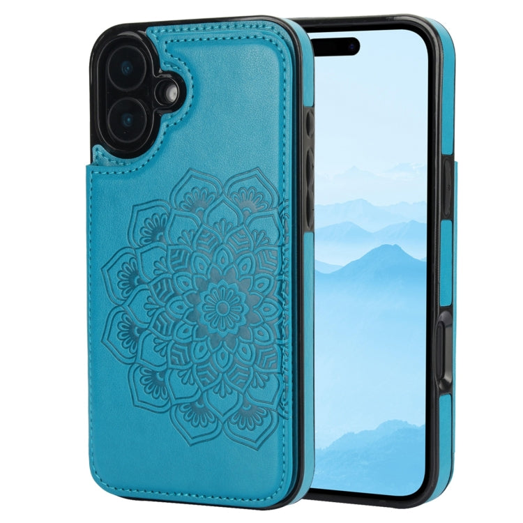 For iPhone 16 Double Buckle Mandala Leather Wallet Back Cover Phone Case