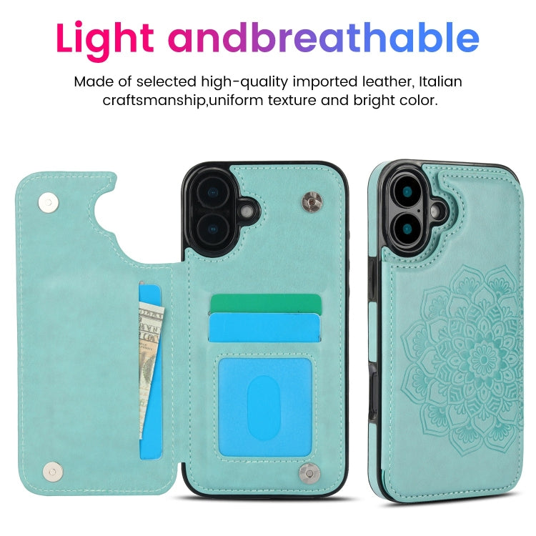 For iPhone 16 Double Buckle Mandala Leather Wallet Back Cover Phone Case