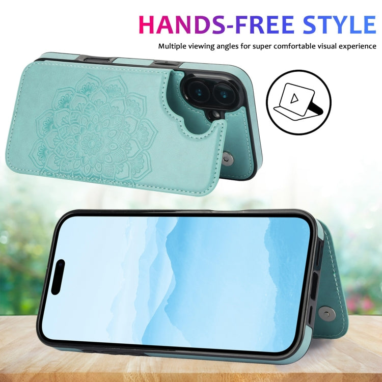 For iPhone 16 Double Buckle Mandala Leather Wallet Back Cover Phone Case