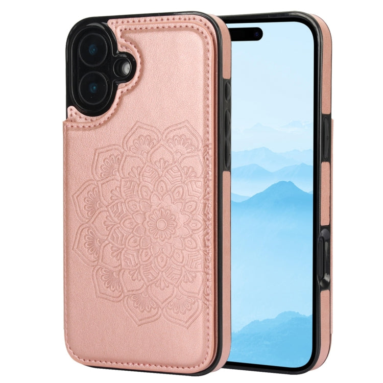 For iPhone 16 Double Buckle Mandala Leather Wallet Back Cover Phone Case