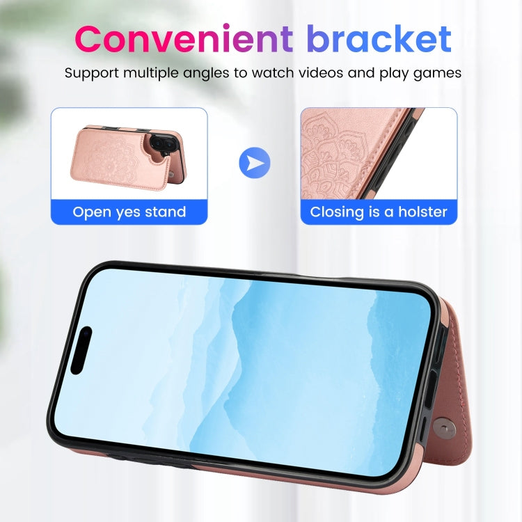 For iPhone 16 Double Buckle Mandala Leather Wallet Back Cover Phone Case
