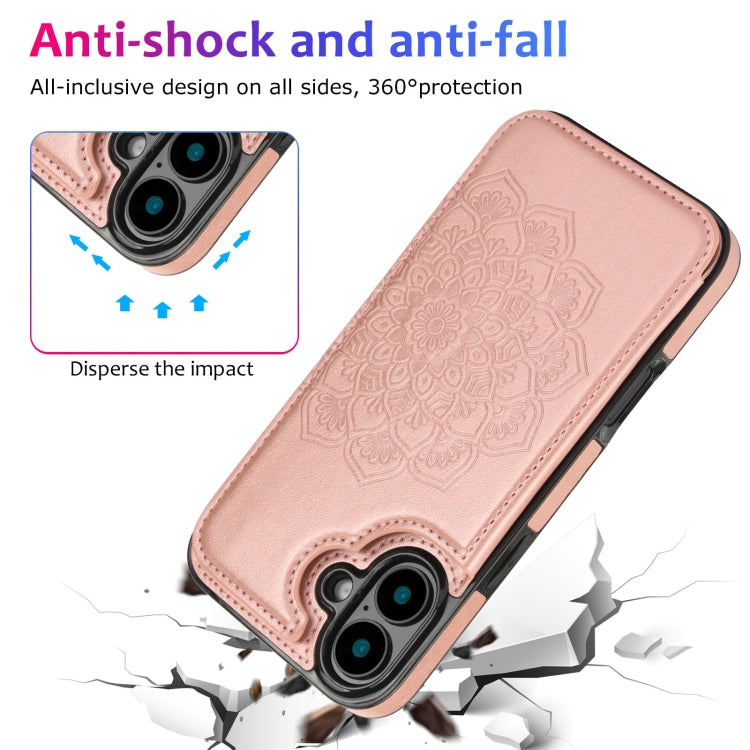 For iPhone 16 Double Buckle Mandala Leather Wallet Back Cover Phone Case