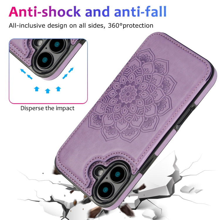 For iPhone 16 Double Buckle Mandala Leather Wallet Back Cover Phone Case