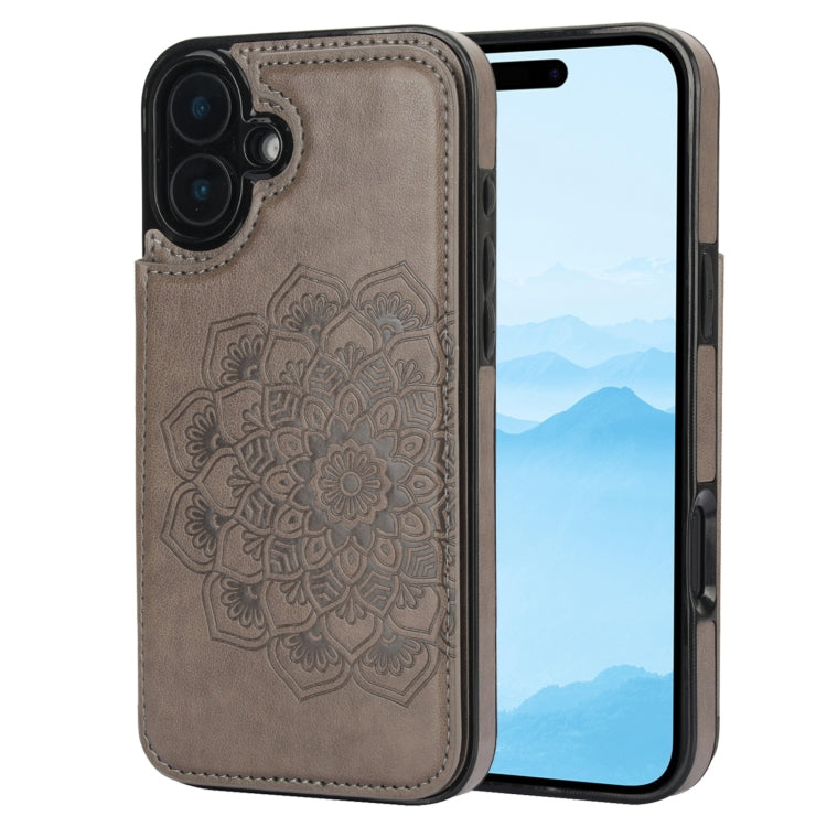 For iPhone 16 Plus Double Buckle Mandala Leather Wallet Back Cover Phone Case