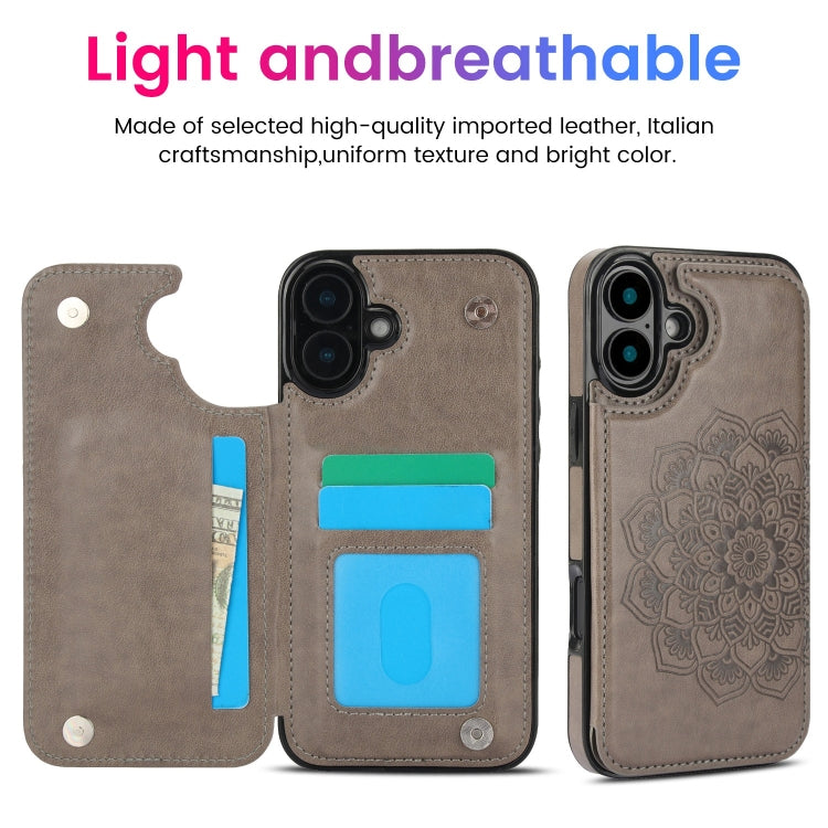 For iPhone 16 Plus Double Buckle Mandala Leather Wallet Back Cover Phone Case