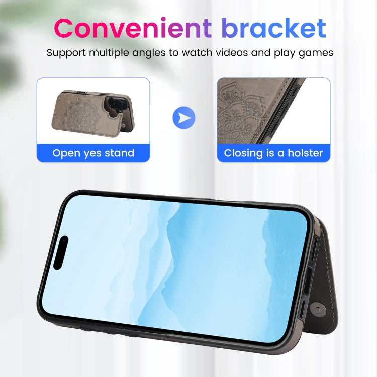 For iPhone 16 Plus Double Buckle Mandala Leather Wallet Back Cover Phone Case
