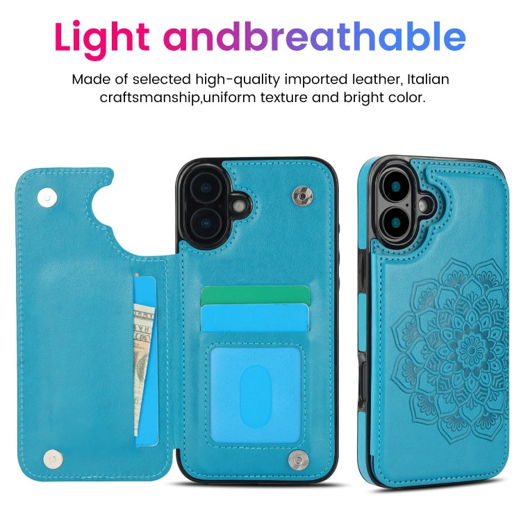 For iPhone 16 Plus Double Buckle Mandala Leather Wallet Back Cover Phone Case