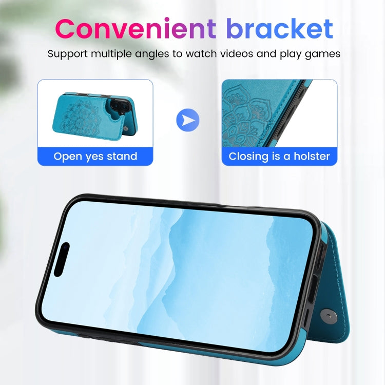 For iPhone 16 Plus Double Buckle Mandala Leather Wallet Back Cover Phone Case