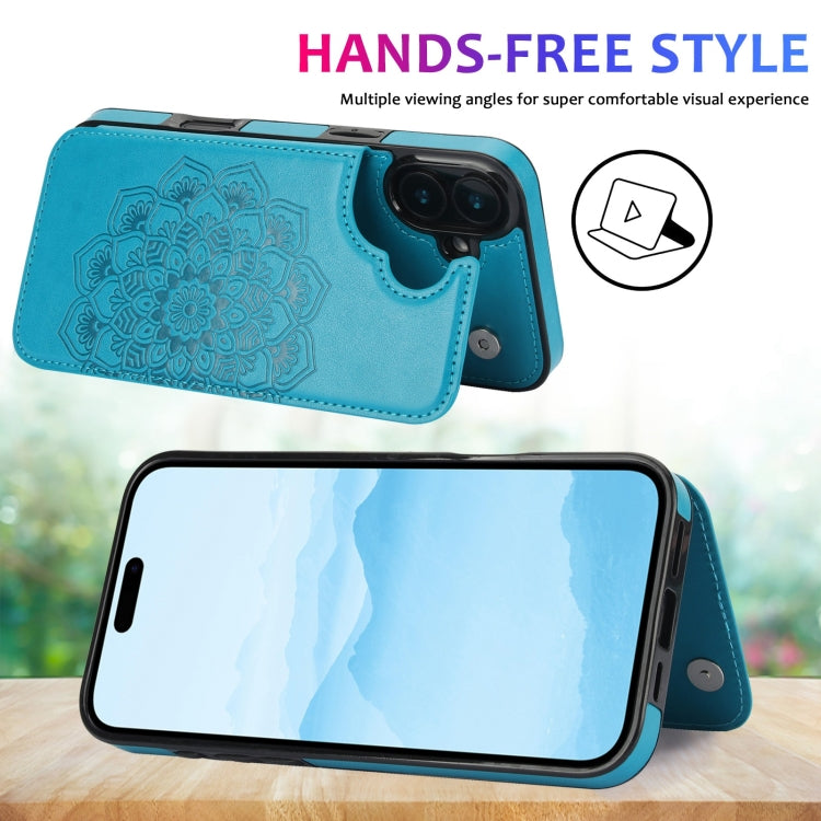 For iPhone 16 Plus Double Buckle Mandala Leather Wallet Back Cover Phone Case