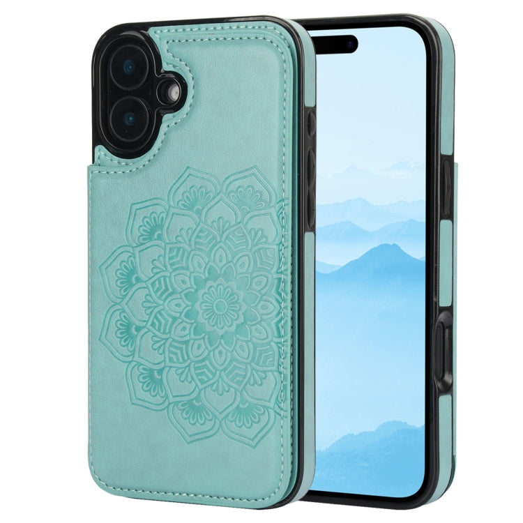 For iPhone 16 Plus Double Buckle Mandala Leather Wallet Back Cover Phone Case