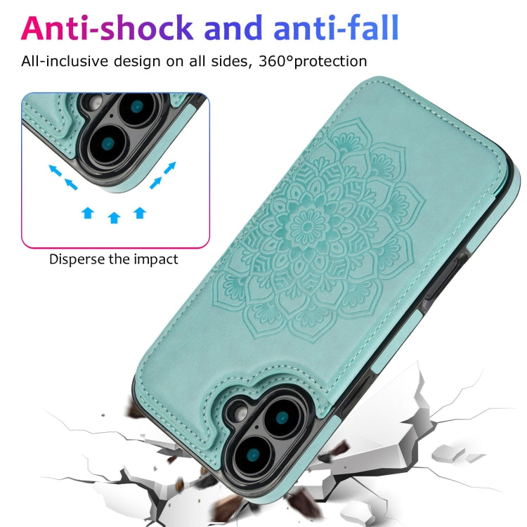For iPhone 16 Plus Double Buckle Mandala Leather Wallet Back Cover Phone Case