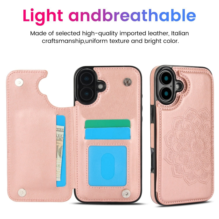 For iPhone 16 Plus Double Buckle Mandala Leather Wallet Back Cover Phone Case
