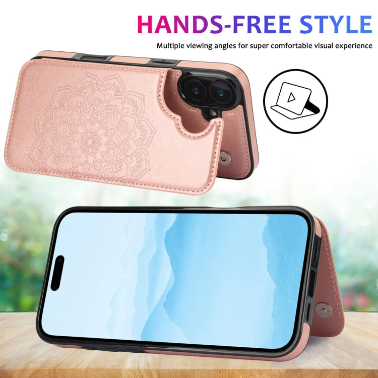 For iPhone 16 Plus Double Buckle Mandala Leather Wallet Back Cover Phone Case