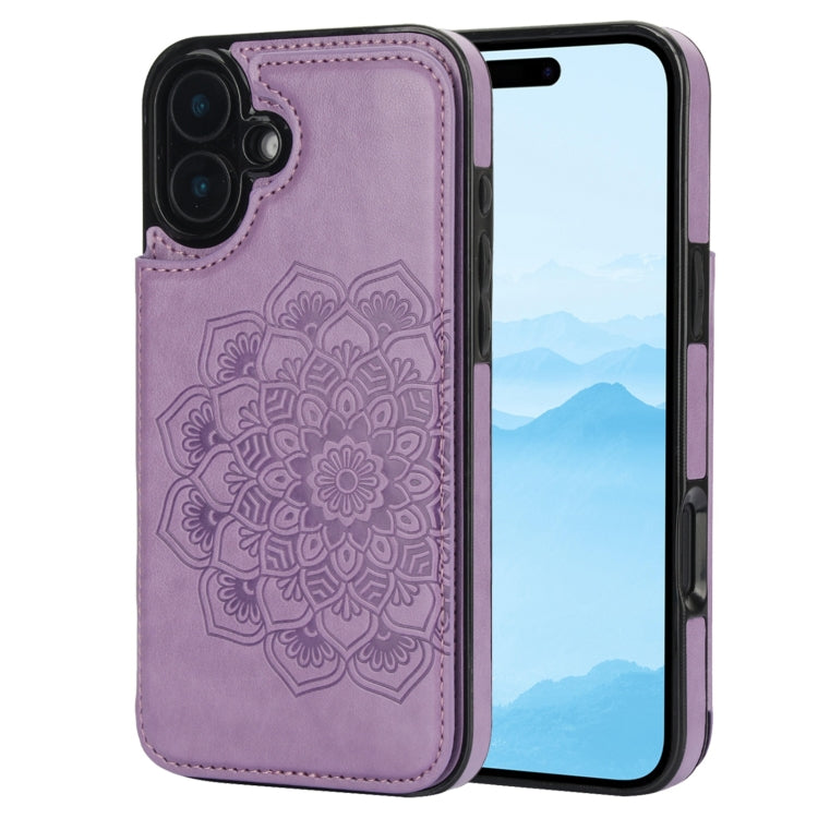 For iPhone 16 Plus Double Buckle Mandala Leather Wallet Back Cover Phone Case