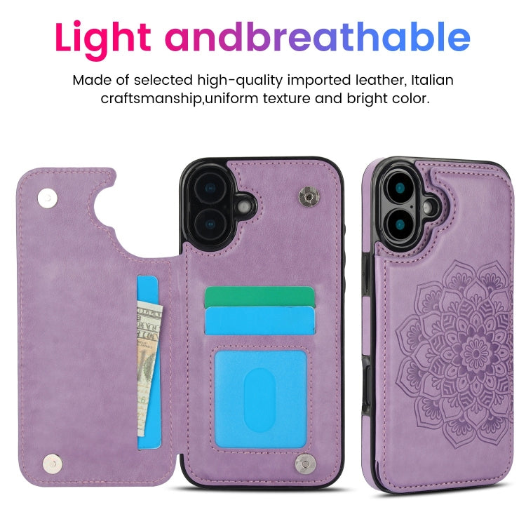 For iPhone 16 Plus Double Buckle Mandala Leather Wallet Back Cover Phone Case