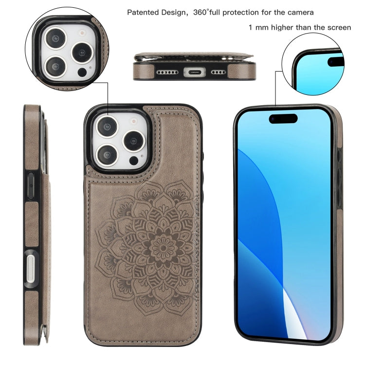 For iPhone 16 Pro Double Buckle Mandala Leather Wallet Back Cover Phone Case