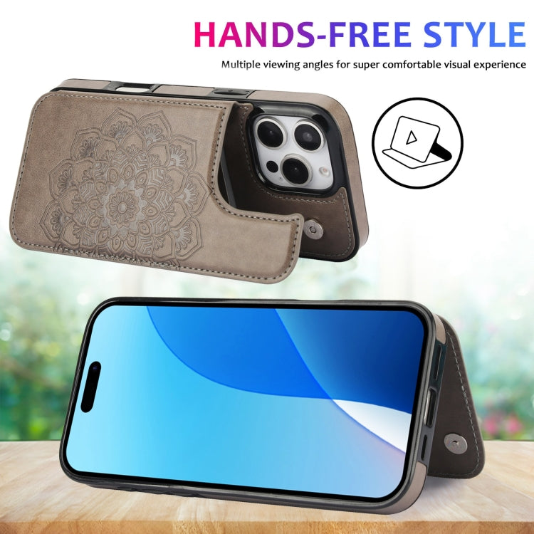 For iPhone 16 Pro Double Buckle Mandala Leather Wallet Back Cover Phone Case