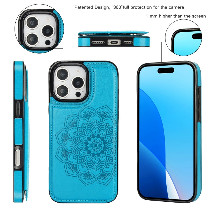 For iPhone 16 Pro Double Buckle Mandala Leather Wallet Back Cover Phone Case