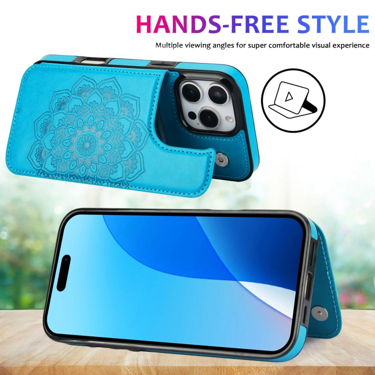 For iPhone 16 Pro Double Buckle Mandala Leather Wallet Back Cover Phone Case